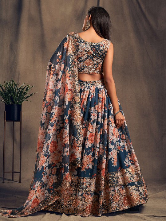Blue & Peach-Coloured Embroidered Sequinned Shibori Semi-Stitched Lehenga & Unstitched Blouse With
