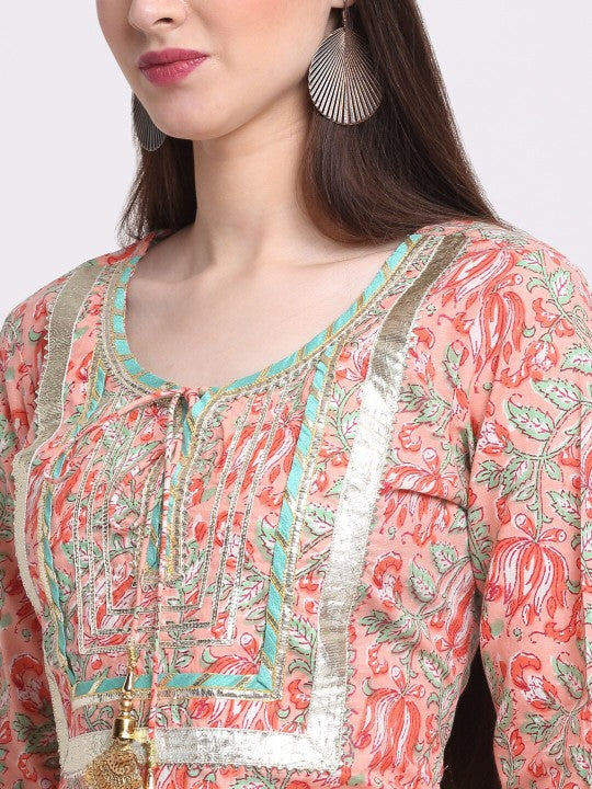 Women Peach-Coloured Paisley Printed Pure Cotton Kurta with Trousers & With Dupatta