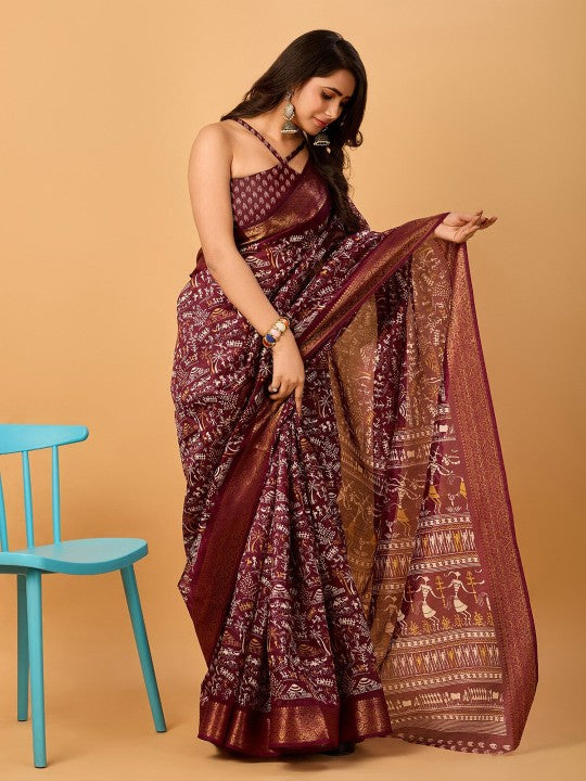Warli Printed Zari Silk Cotton Chanderi Saree