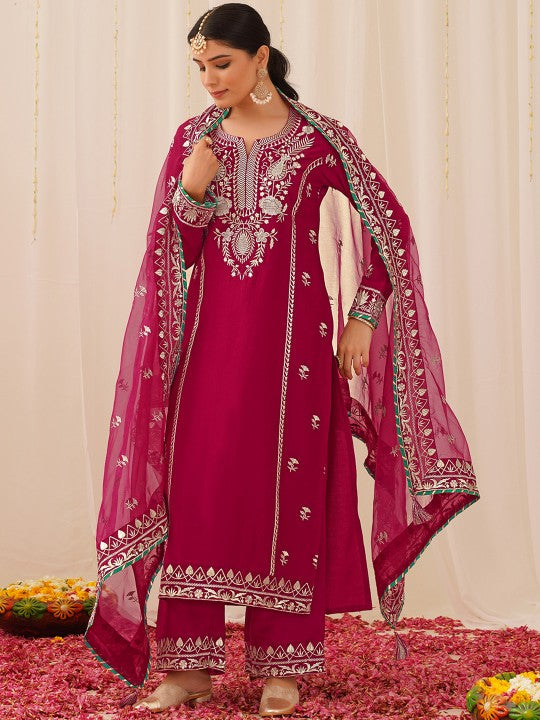 Floral Embroidered Regular Thread Work Kurta with Palazzos & Dupatta