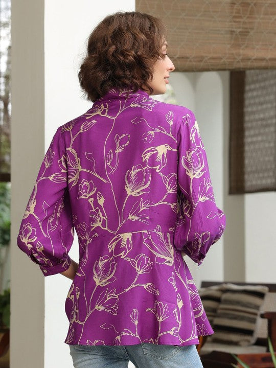 Women Floral Printed V-Neck Pure Silk Top