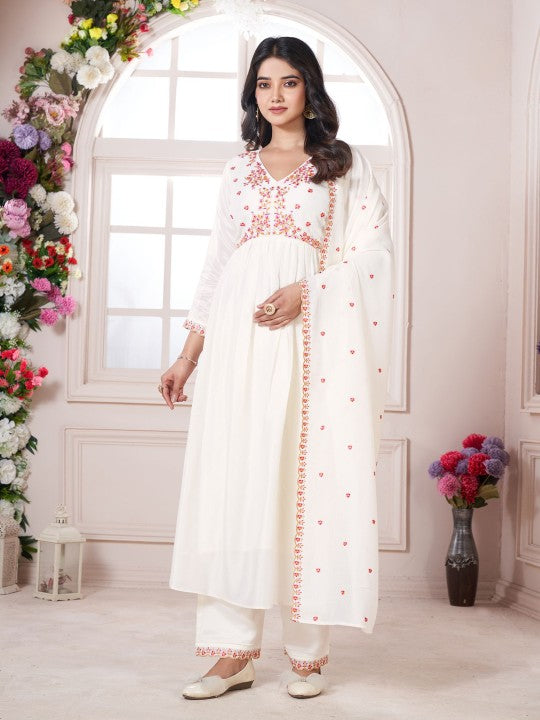 Floral Embroidered V-Neck Pleated Anarkali Kurta With Trousers & Dupatta