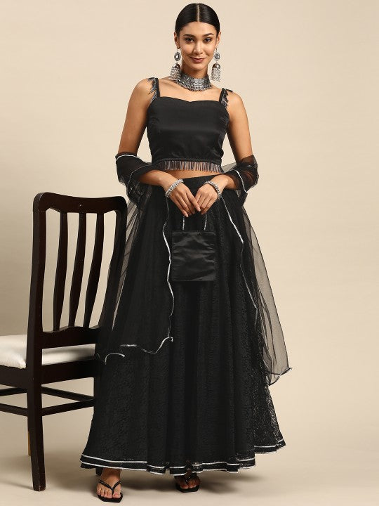 Black Semi-Stitched Lehenga & Unstitched Blouse With Dupatta