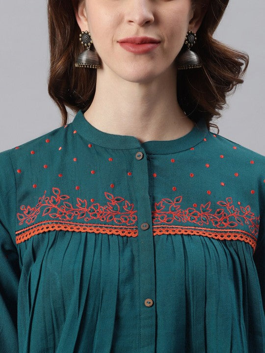 Women Floral Embroidered Mandarin Collar Puff Sleeves Cotton Regular Top