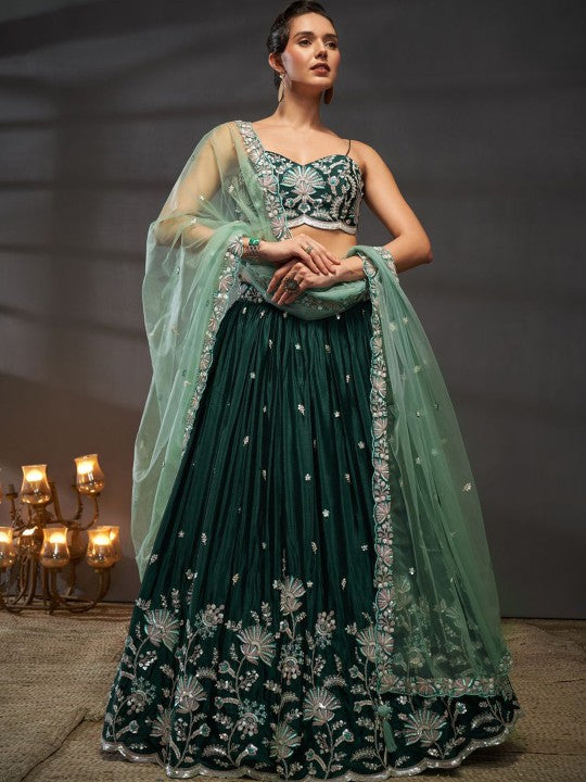 Embroidered Sequinned Semi-Stitched Lehenga & Unstitched Blouse With Dupatta