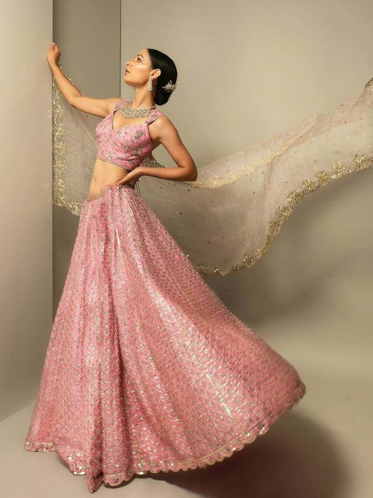 Embroidered Sequinned Semi-Stitched Lehenga & Unstitched Blouse With Dupatta