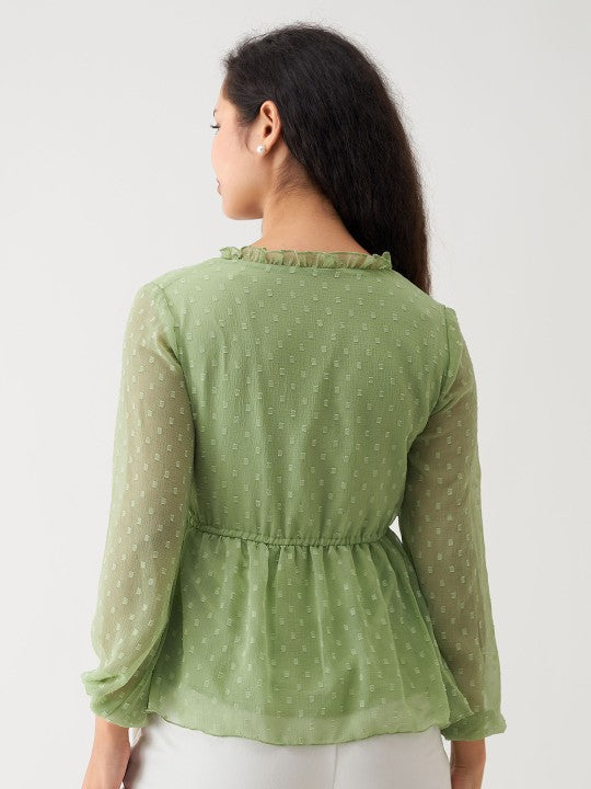 Self Design V-Neck Long Sleeve Gathered Cinched Waist Top