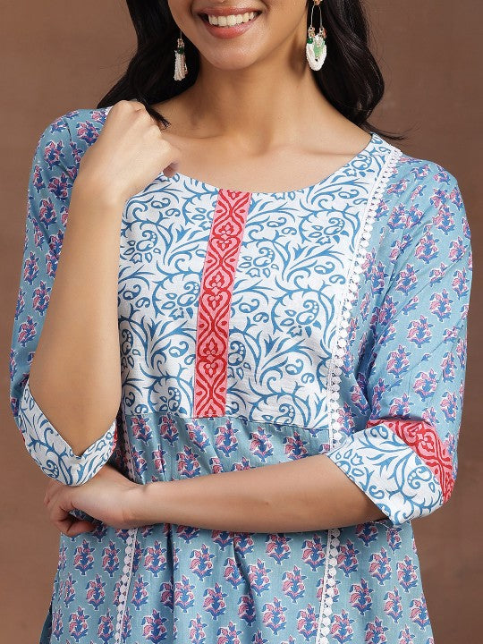 Women Blue Floral Printed Pure Cotton Kurta with Trousers & With Dupatta
