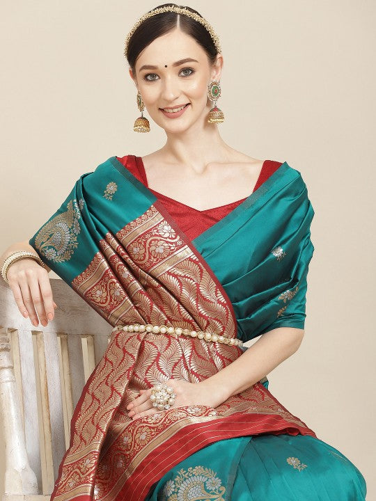 Teal & Red Ethnic Motifs Zari Silk Blend Banarasi Saree