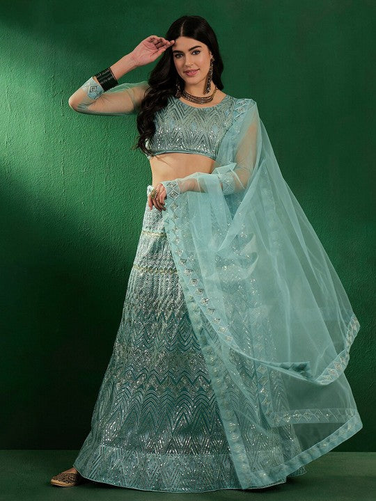 Embroidered Sequined Net Semi-Stitched Lehenga Choli With Dupatta