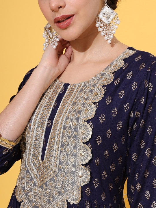 Round Neck Ethnic Motifs Printed Panelled Thread Work Kurta Set