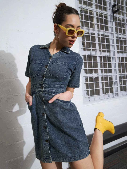 Shirt Collar Denim Mini Shirt Dress
