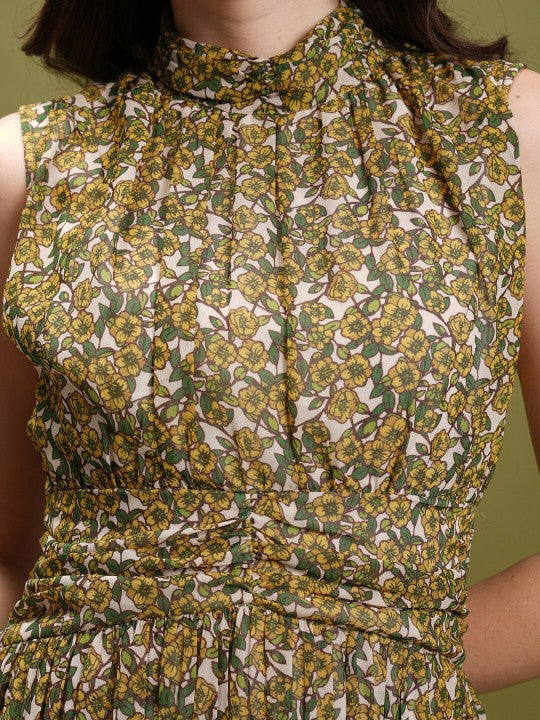 Beige & Green Floral Printed A-Line Mini Dress