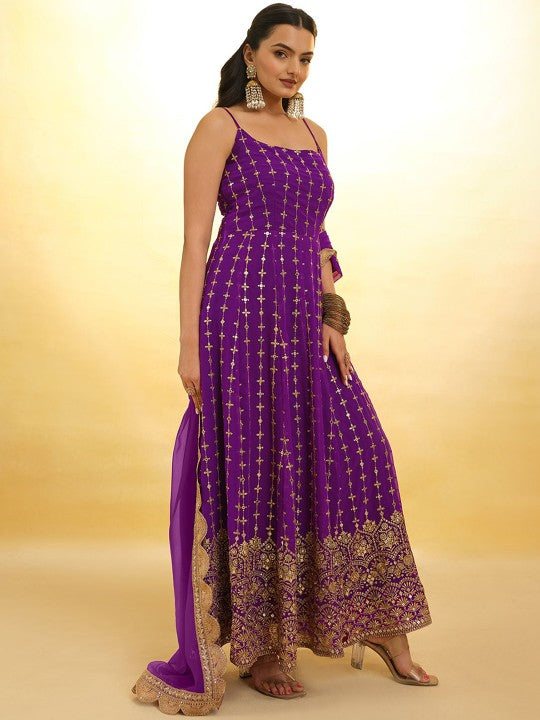 Floral Embroidered Shoulder Straps Sequinned Anarkali Kurta With Salwar & Dupatta