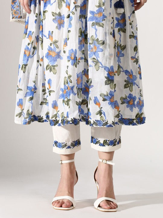 Floral Printed Thread Work Pure Cotton Straight Kurta with Trousers & Dupatta