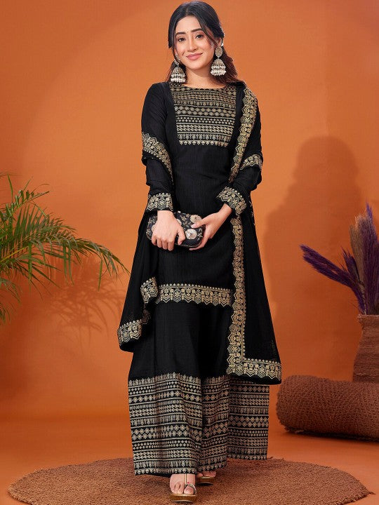 Foil Printed Long Sleeves Regular Kurta With Palazzos & Dupatta