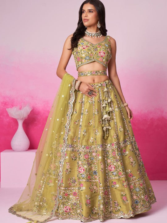 Embroidered Sequinned Semi-Stitched Lehenga & Unstitched Blouse With Dupatta