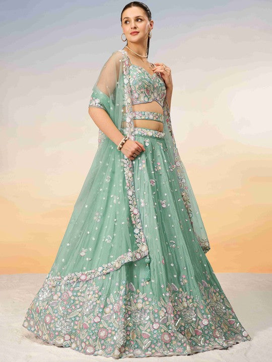 Embroidered Sequinned Semi-Stitched Lehenga & Unstitched Blouse With Dupatta
