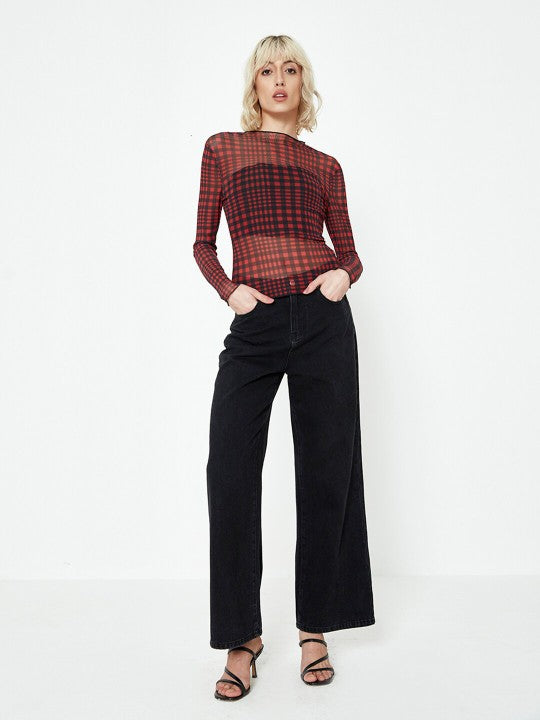 Checked Boat Neck Fitted Top