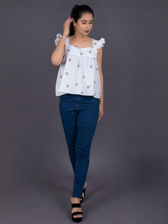Women Floral Printed Square Neck Flutter Sleeve Ruffles Top