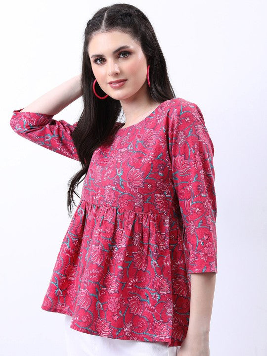 Pink & Green Floral Print A-Line Top