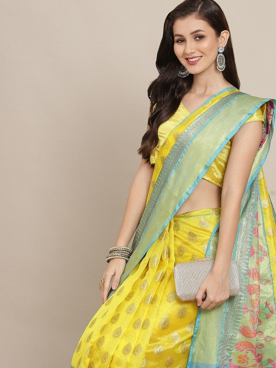 Yellow & Turquoise Blue Ethnic Motifs Zari Art Silk Banarasi Saree