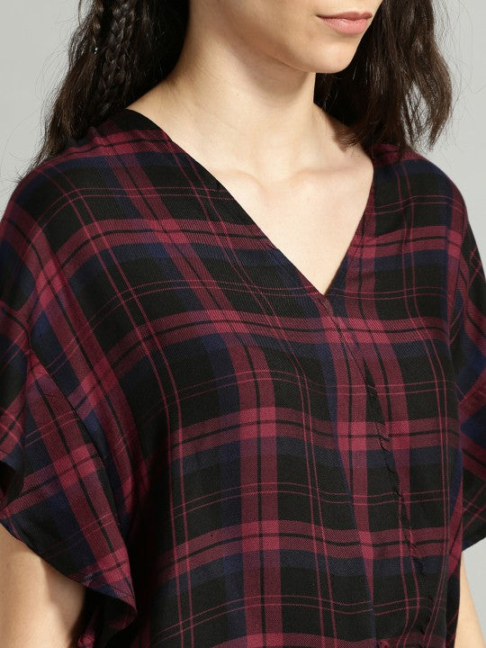 Women Maroon Checked Blouson Top