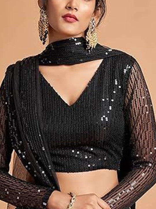 Embroidered Sequinned Semi-Stitched Lehenga & Unstitched Blouse With Dupatta