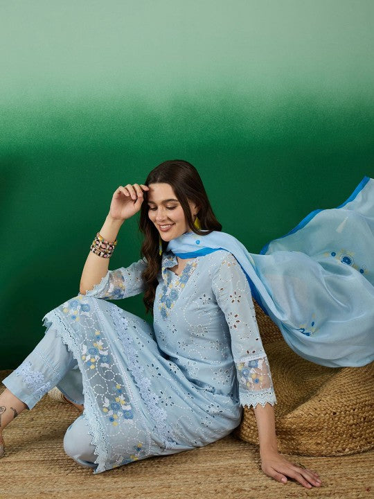 Embroidered Cotton Straight Kurta With Trouser & Dupatta Set
