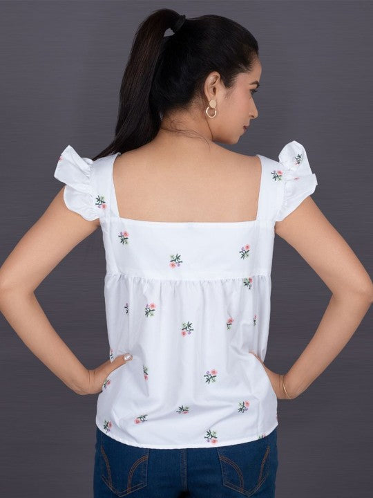 Women Floral Printed Square Neck Flutter Sleeve Ruffles Top
