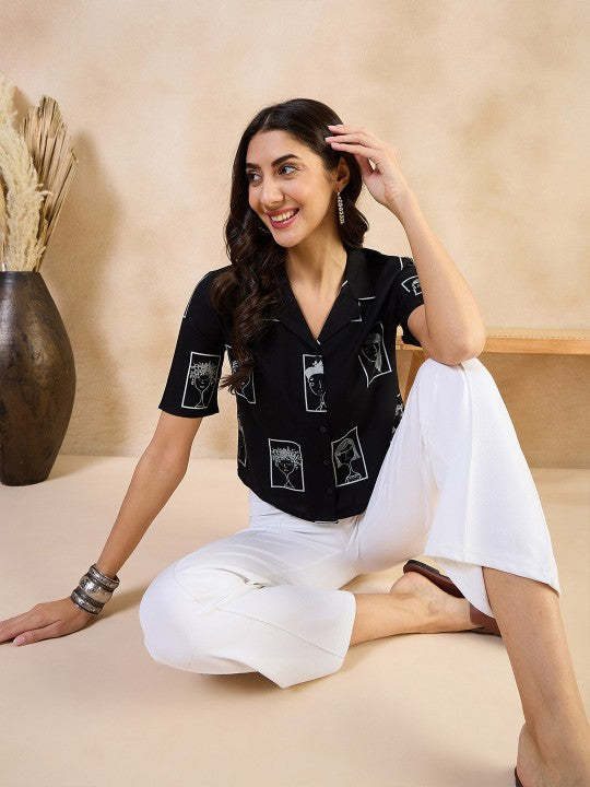 Print Boxy Printed Roll-Up Sleeves Shirt Style Top