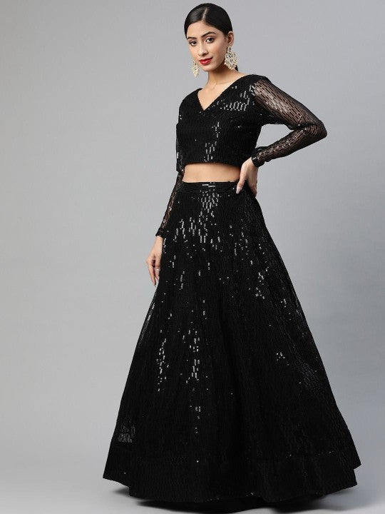 Embroidered Sequinned Semi-Stitched Lehenga & Unstitched Blouse With Dupatta