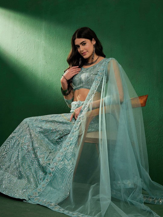 Embroidered Sequined Net Semi-Stitched Lehenga Choli With Dupatta