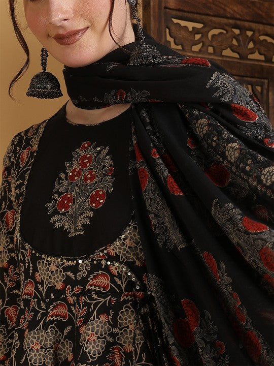 Floral Printed Anarkali Pure Cotton Kurta With Palazzos And Dupatta