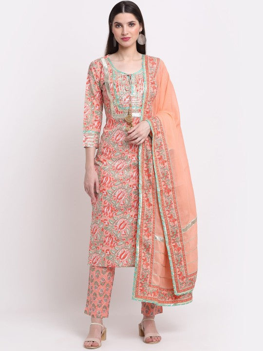Women Peach-Coloured Paisley Printed Pure Cotton Kurta with Trousers & With Dupatta