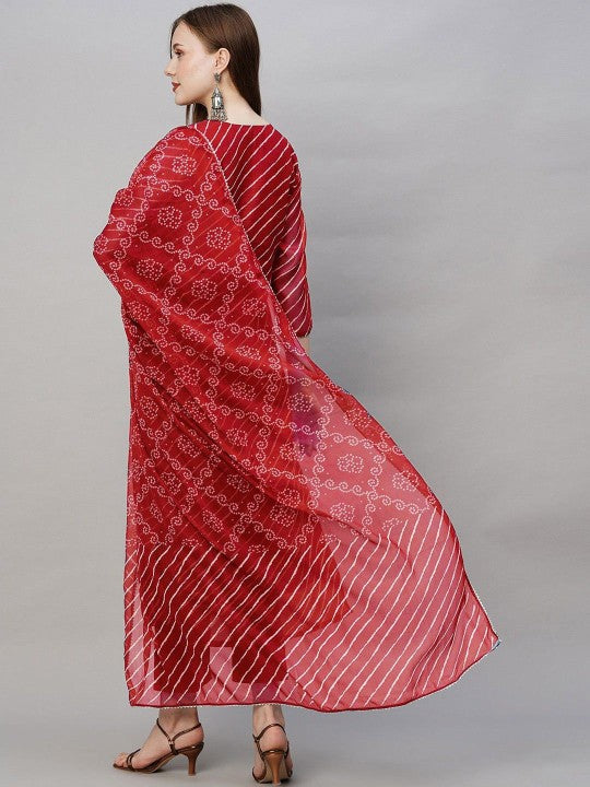 Leheriya Printed Sequinned Straight Kurta with Trousers & Dupatta