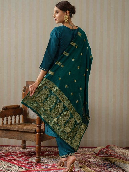 Blue Ethnic Motifs Straight Kurta & Trousers With Dupatta
