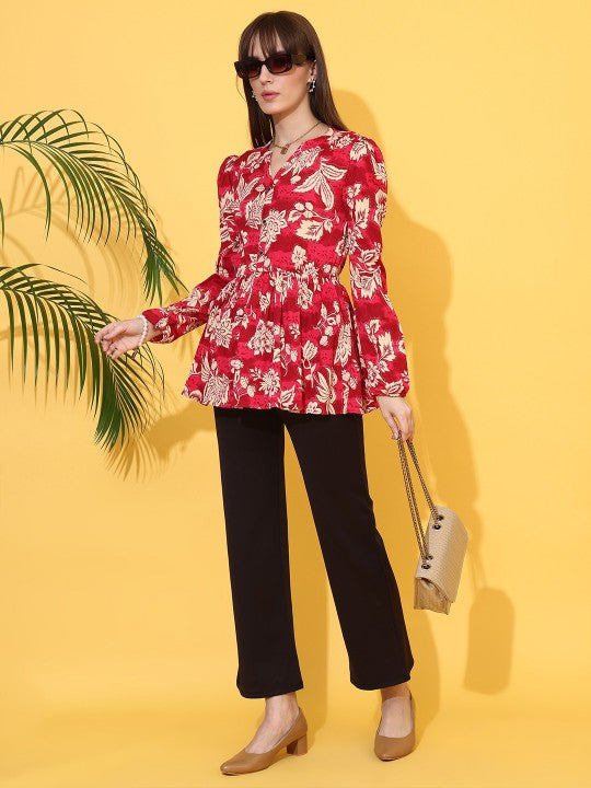 Women Floral Printed Mandarin Collar Peplum Crepe Top