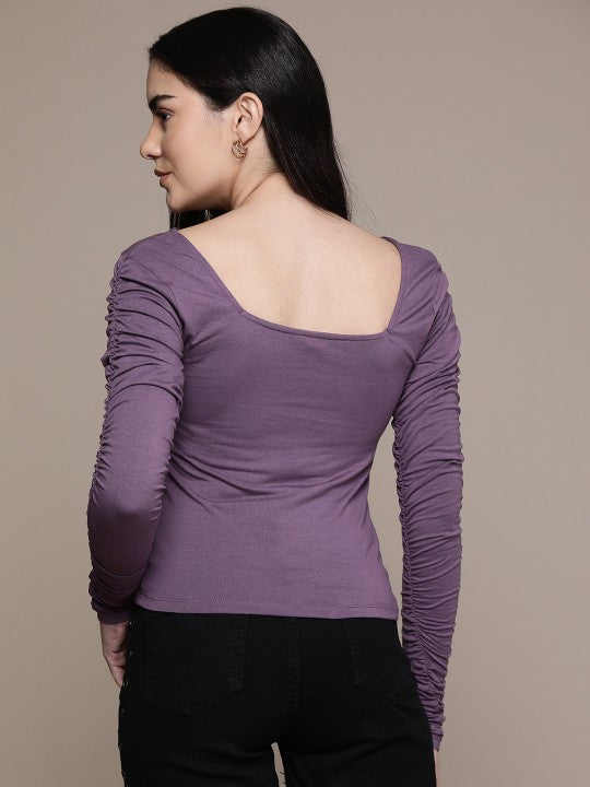 Square Neck Ruched Sleeves Fitted Top