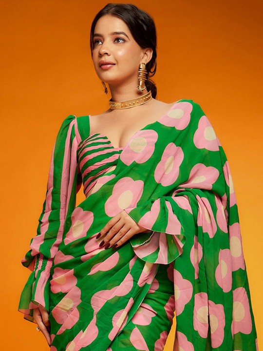 Floral Printed Satin Saree