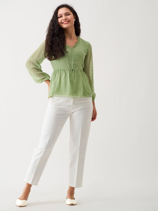 Self Design V-Neck Long Sleeve Gathered Cinched Waist Top