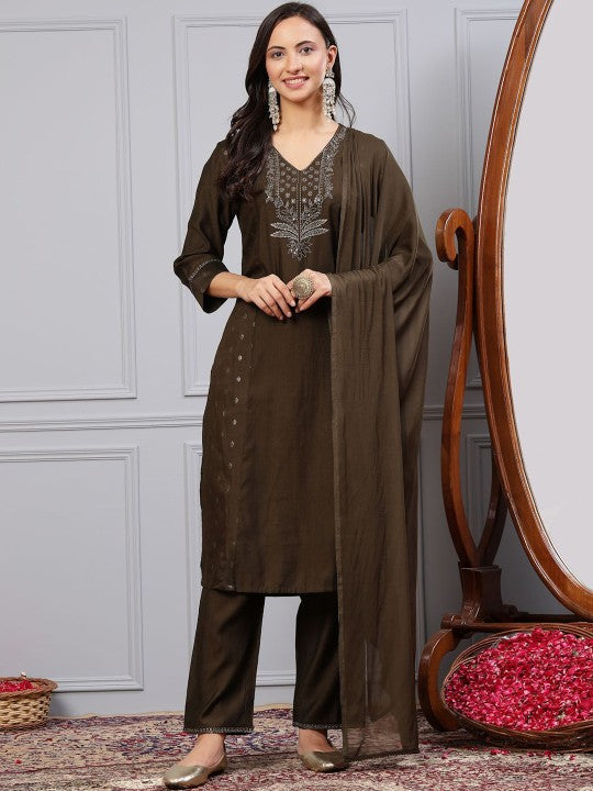 Floral Foil Printed V-Neck Straight Kurta with Palazzos & Dupatta