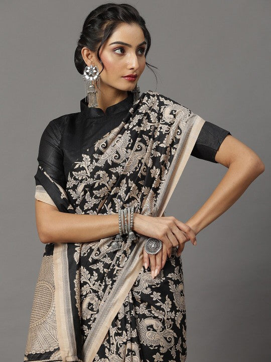 Black & Beige Ethnic Motifs Art Silk Bhagalpuri Saree