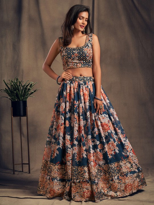 Blue & Peach-Coloured Embroidered Sequinned Shibori Semi-Stitched Lehenga & Unstitched Blouse With