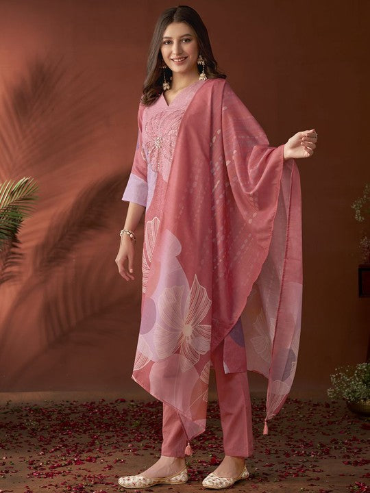 Mauve Ethnic Motifs Embroidered Beads & Stones Linen Kurta with Trousers & Dupatta