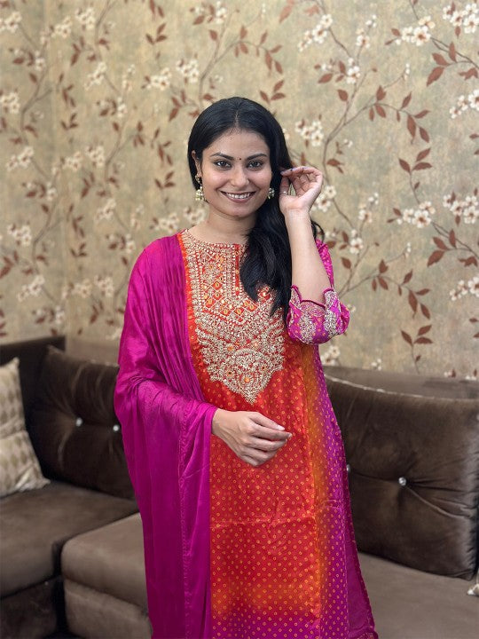 Bandhani Printed Sequinned Embroidery Work Kurta with Trousers & Dupatta