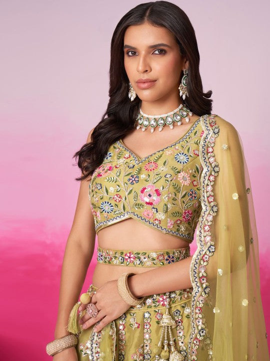 Embroidered Sequinned Semi-Stitched Lehenga & Unstitched Blouse With Dupatta