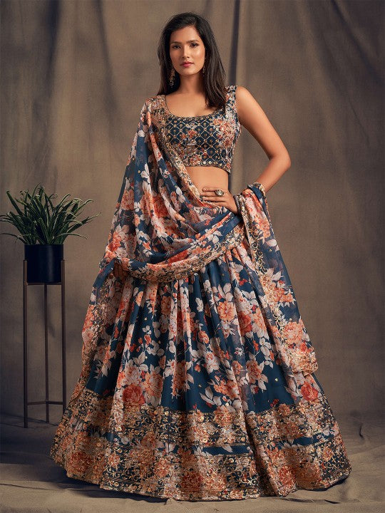 Blue & Peach-Coloured Embroidered Sequinned Shibori Semi-Stitched Lehenga & Unstitched Blouse With