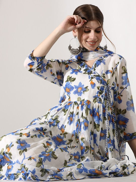 Floral Printed Thread Work Pure Cotton Straight Kurta with Trousers & Dupatta