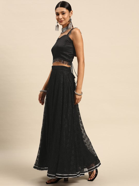 Black Semi-Stitched Lehenga & Unstitched Blouse With Dupatta